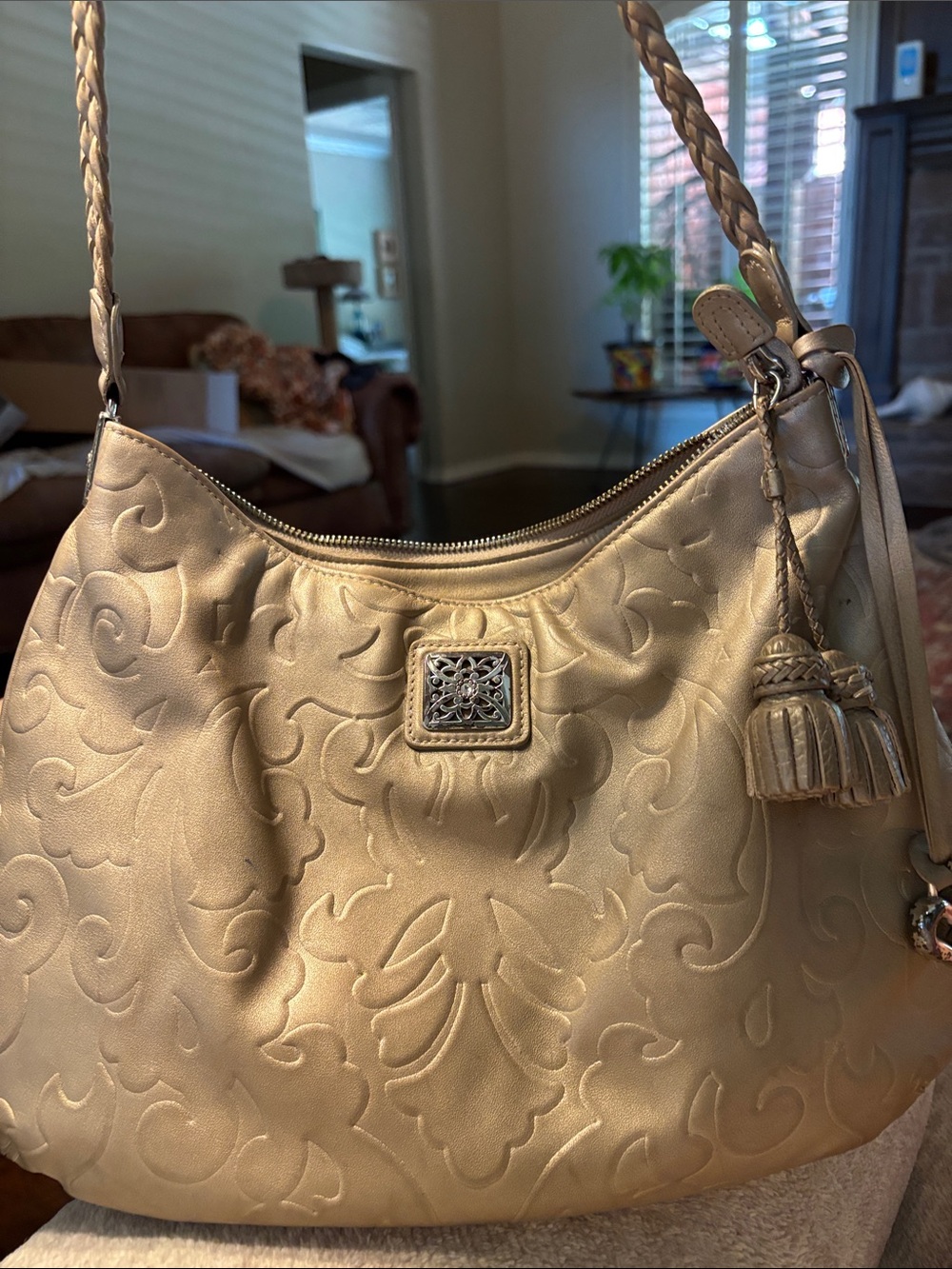 Brighton Gold Embossed Shoulder Bag with Tassel